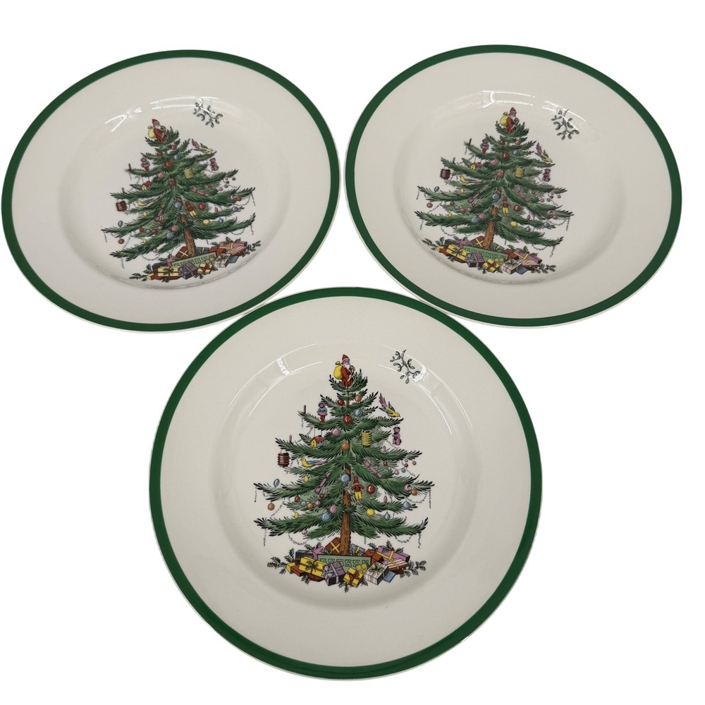 Spode England Christmas Tree 3 Dinner Plates White Green Rim S3324-Z 10.5 Inch